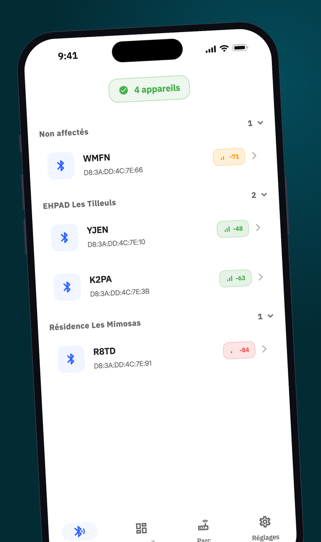 Écran de REMORA Pilot : hubs détectés en Bluetooth, classés par compte