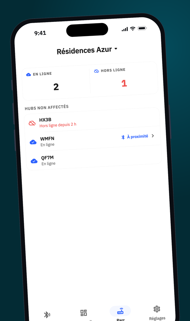 Écran de REMORA Pilot : parc d'un compte, hubs en ligne et hors ligne